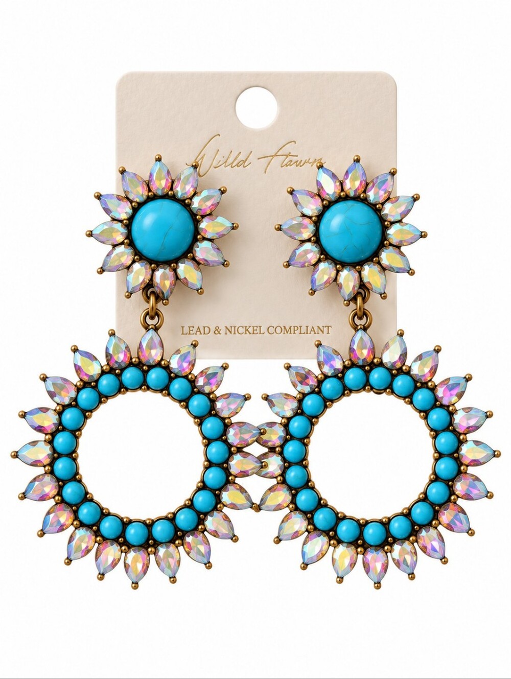 Wildflowers Turquoise and Iridescent Gold Sunburst Hoop Earrings